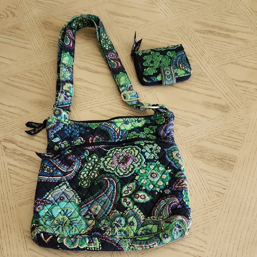 Vera Bradley Quilted Crossbody Bag & Wallet Set in Green & Blue Floral Paisley